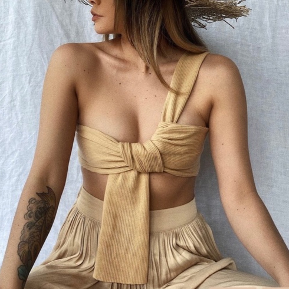 Starlow Blair One Shoulder Crop Top in Camel/Tan